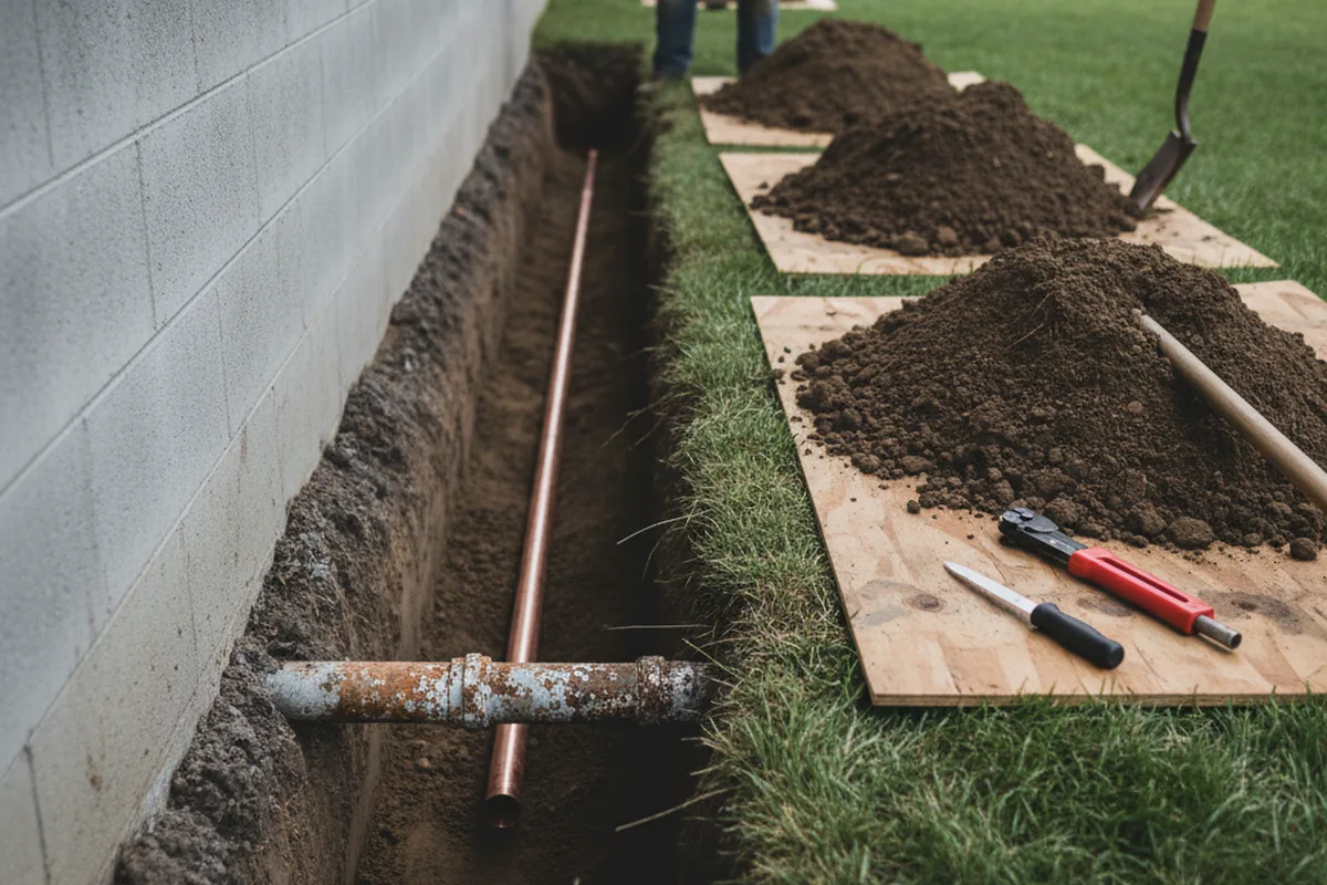 Excavated water line trench during Water Softener Installation in Statham